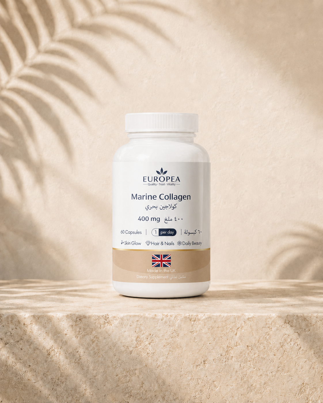 EUROPEA capsules and softgels on light natural stone