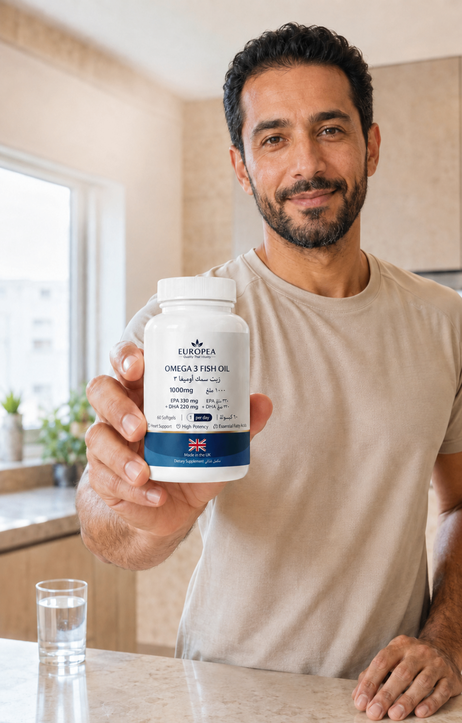 EUROPEA capsules and softgels on light natural stone