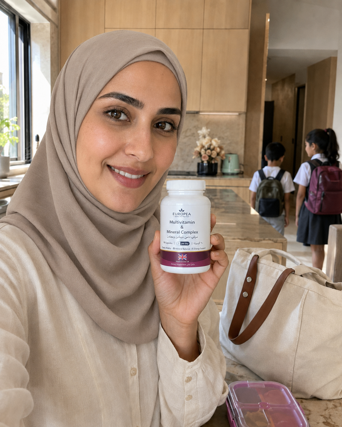 EUROPEA capsules and softgels on light natural stone