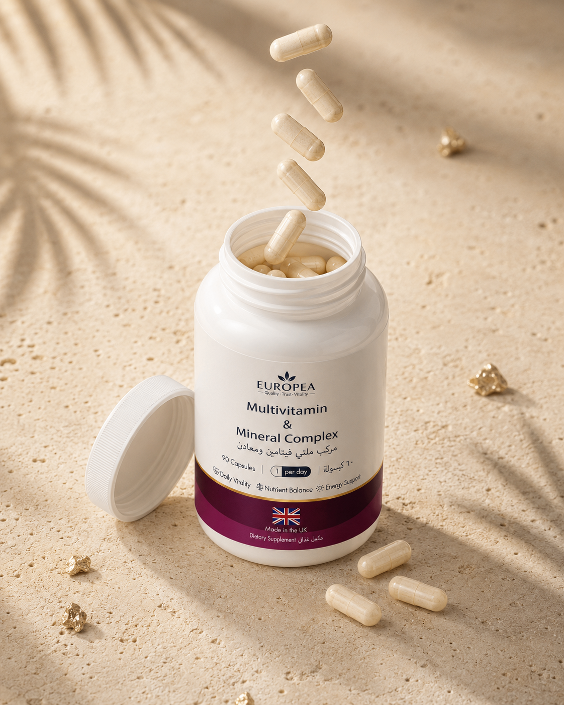 EUROPEA capsules and softgels on light natural stone
