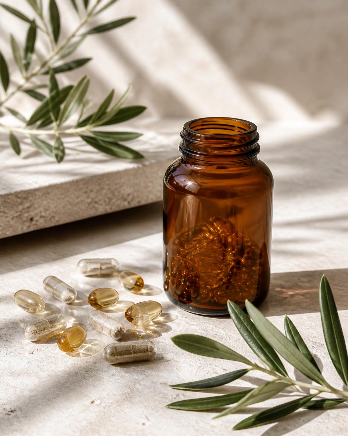 EUROPEA capsules and softgels on light natural stone